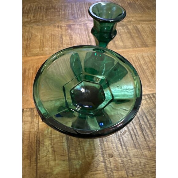Vintage Green Glass Taper Candle Holders 4.5" Tall Set Of 2 Decorative Hexagonal - Picture 4 of 6
